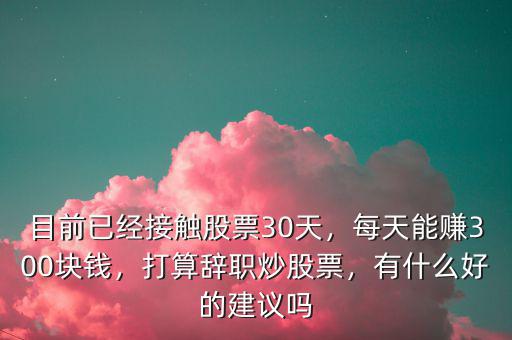 目前已經(jīng)接觸股票30天，每天能賺300塊錢，打算辭職炒股票，有什么好的建議嗎