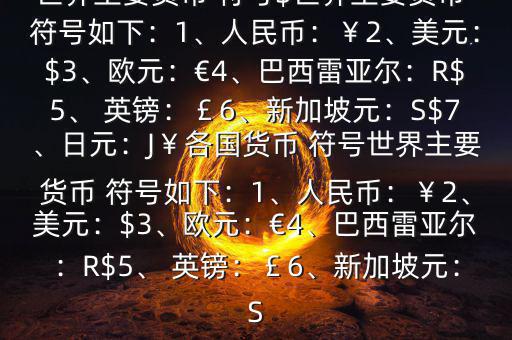 世界主要貨幣 符號(hào)$世界主要貨幣 符號(hào)如下：1、人民幣：￥2、美元：$3、歐元：€4、巴西雷亞爾：R$5、 英鎊：￡6、新加坡元：S$7、日元：J￥各國貨幣 符號(hào)世界主要貨幣 符號(hào)如下：1、人民幣：￥2、美元：$3、歐元：€4、巴西雷亞爾：R$5、 英鎊：￡6、新加坡元：S