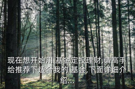 現(xiàn)在想開(kāi)始用 基金定投理財(cái),請(qǐng)高手給推薦下適合我的 基金,下面詳細(xì)介紹...