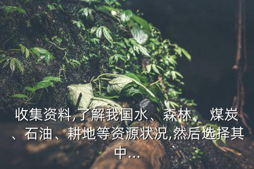 收集資料,了解我國水、森林、 煤炭、石油、耕地等資源狀況,然后選擇其中...